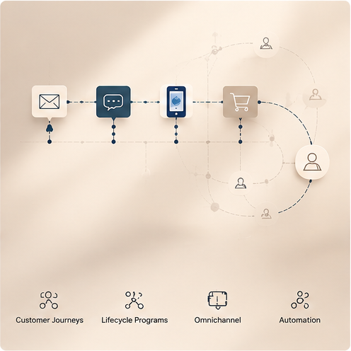Flowchart illustrating the customer journey, with icons for email, chat, mobile app, shopping cart, and user profiles. Labels include Customer Journeys, Lifecycle Programs, Omnichannel, and Automation.