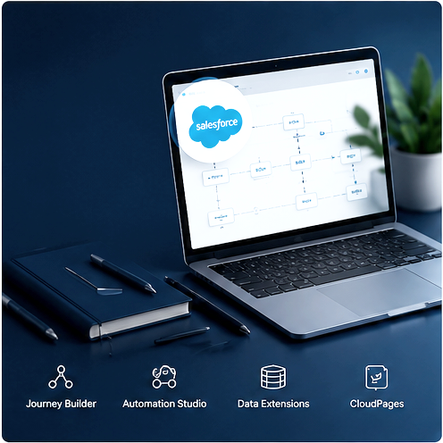 Laptop displaying Salesforce diagram on a blue desk with a notebook, pen, and plant nearby.