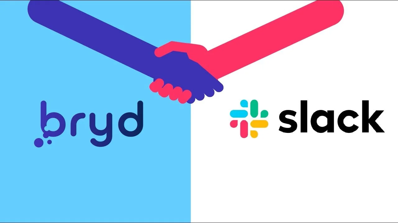 A graphic of two hands shaking, one hand colored blue and the other pink, dividing the image into two halves. The left side has the Bryd logo with blue text and a blue background, and the right side has the Slack logo with black text and a white back