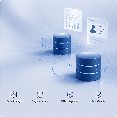 Digital illustration of two database servers connected with data icons and user profiles, representing data strategy, segmentation, CRM integration, and data quality.