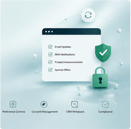 A digital interface screen shows a checklist with options like Email Updates, SMS Notifications, Product Announcements, and Special Offers, all checked. Surrounding icons include a shield with a checkmark, a lock, and symbols representing Preference Centers, Consent Management, CRM Writeback, and Compliance.
