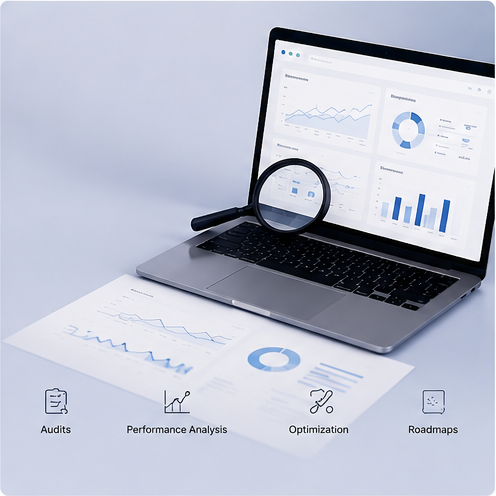 Laptop displaying business analytics graphs with magnifying glass, papers with charts, and icons labeled Audits, Performance Analysis, Optimization, and Roadmaps.