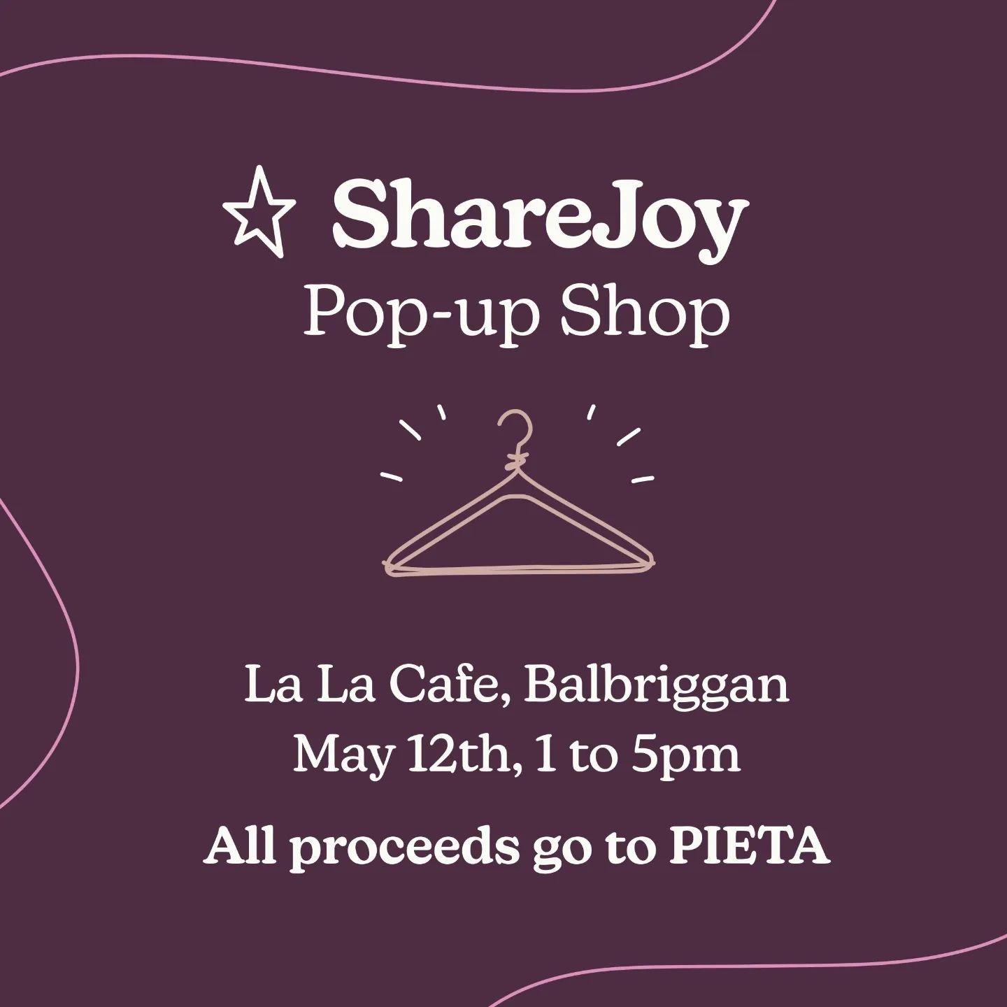 Come along to @thelalabalbriggan on Sunday, May 12th, from 1 pm. for a Sharejoy💜 popup. Update your wardrobe, raise funds for @pieta.house, and shop sustainably in a beautiful setting . We have gorgeous dresses and casual wear that haven't gone up o