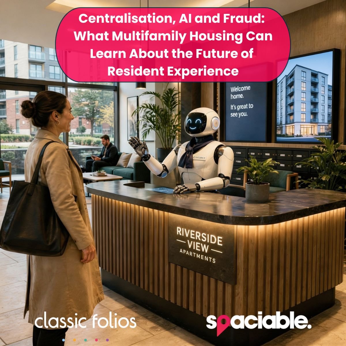 AI and multifamily housing demonstrated through a Concierge AI robot greeting residents in an apartment building.