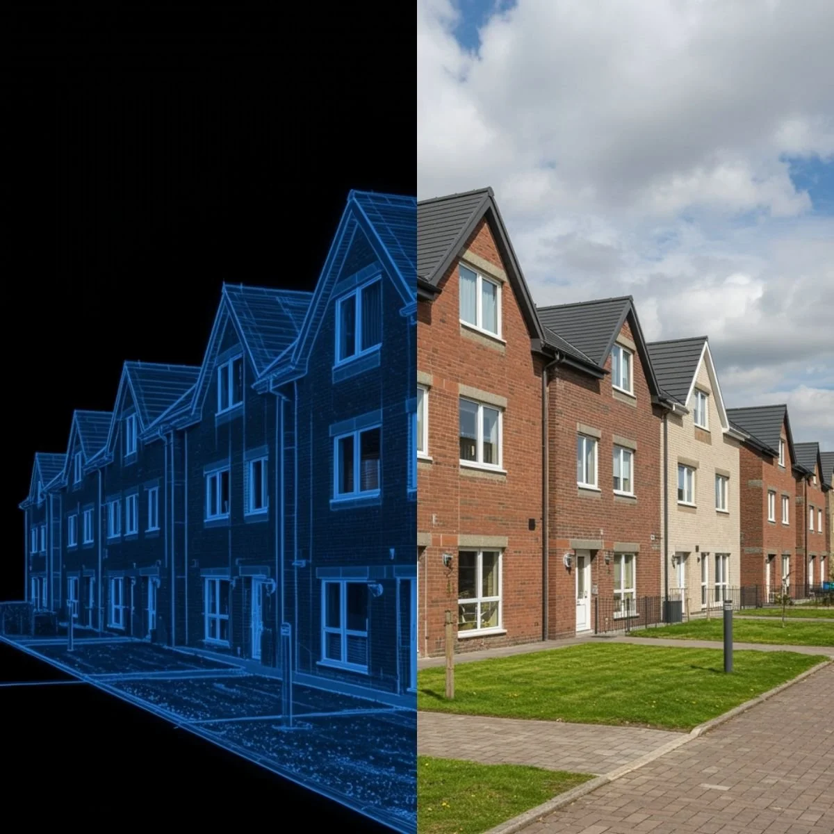 New build residential housing development on right with a digital mirror image of the houses on the left, created in blue glowing lines against a black background, to show concept of digital twins in housing.