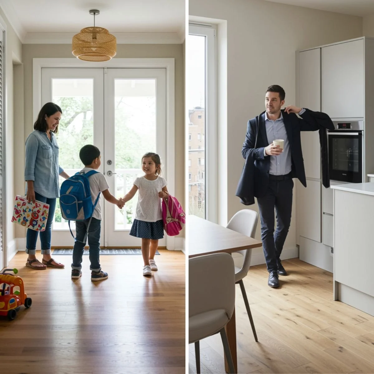 Left side of image shows mother and young children returning home from workand on right side is young professional male drinking coffee and preparing to leave for work