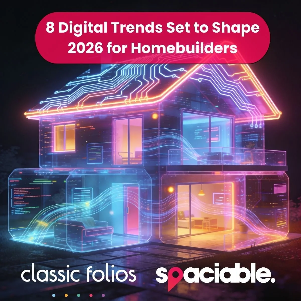 Structure of a detached house created in digital coding and glowing electrical circuits, with normal home interior visible inside.