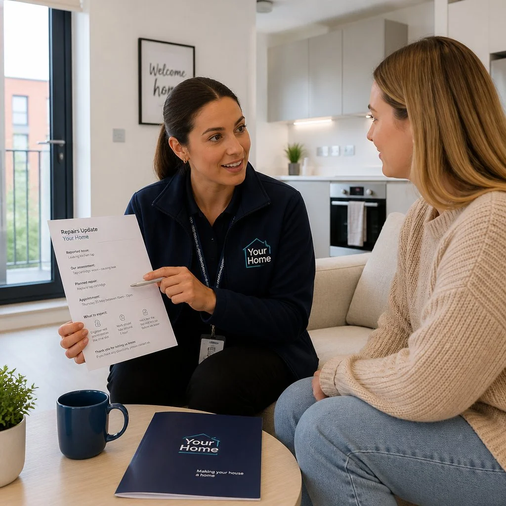 Customer care agent in a new build apartment building showing a tenant how their repairs maintenance will work.