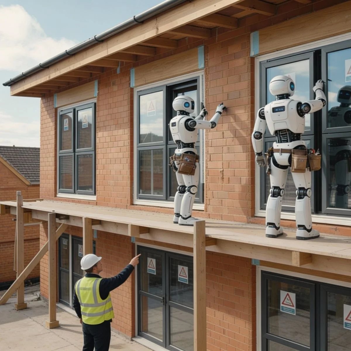 Construction worker directing two humanoid robots as they work on a residential housing development.