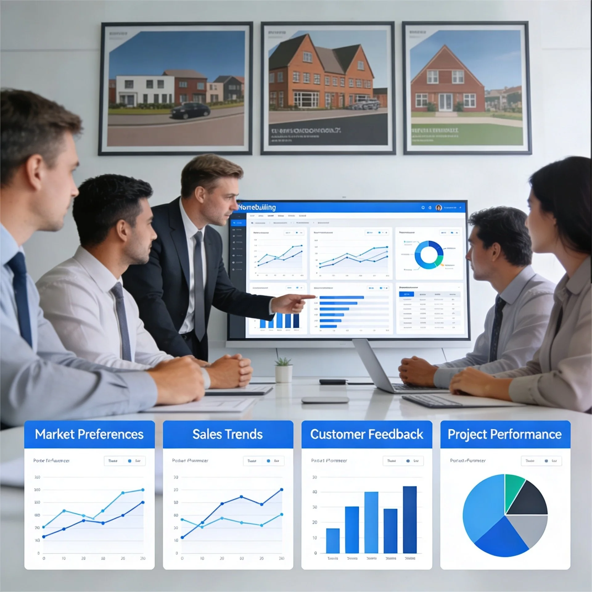 Homebuilding company reviewing customer data analytics to make key decisions.