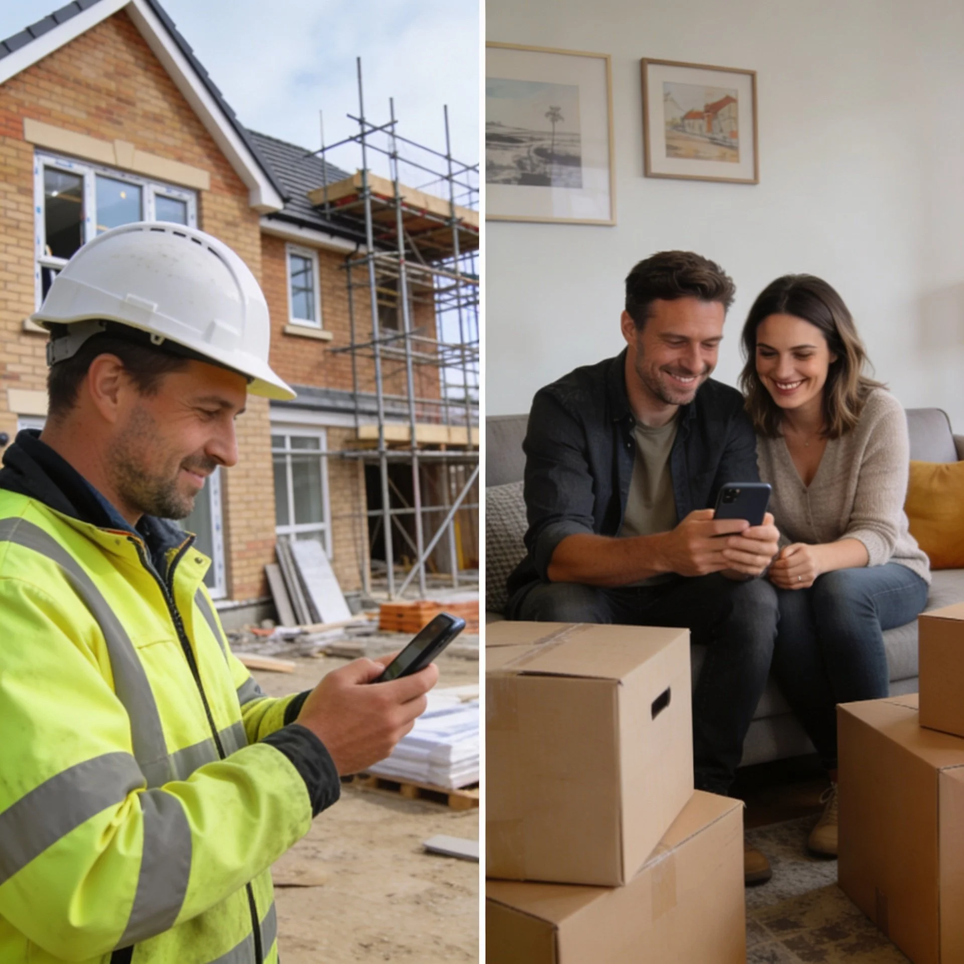 Construction worker on new build homes development sending build progress update to new homebuyers.