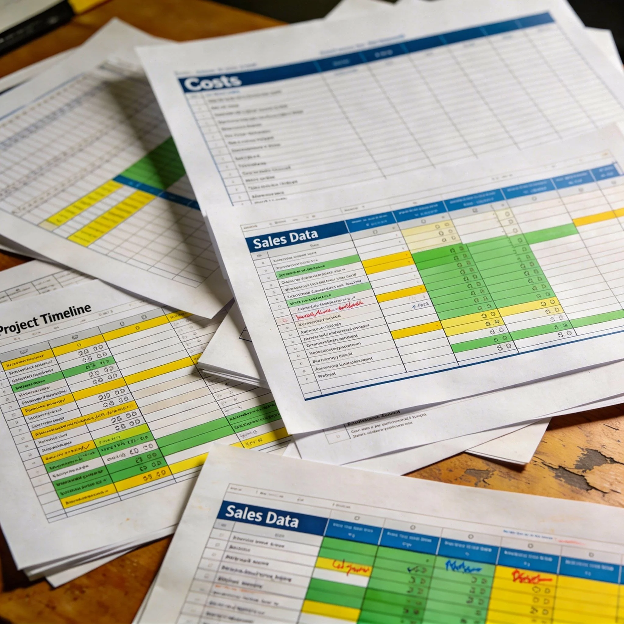 Multiple spreadsheets spread across a desk to show how many stages and considerations there are in a homebuilding project.