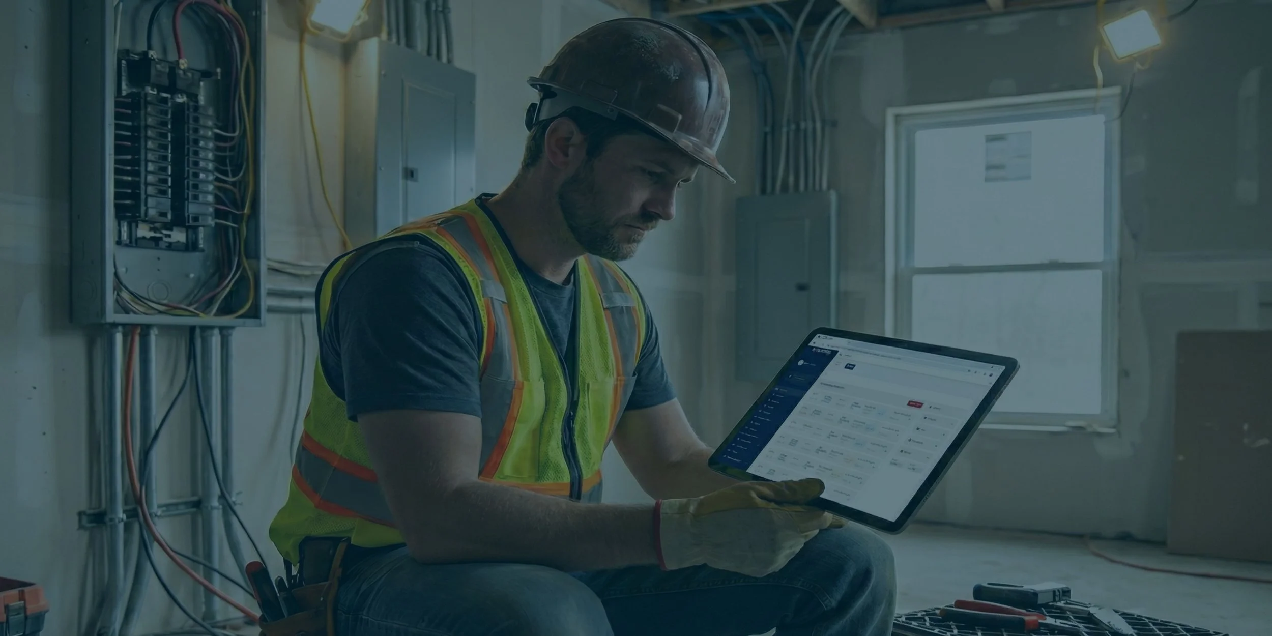 Electrician in a home under construction looking at a list of reports on Spaciable Living app on a tablet