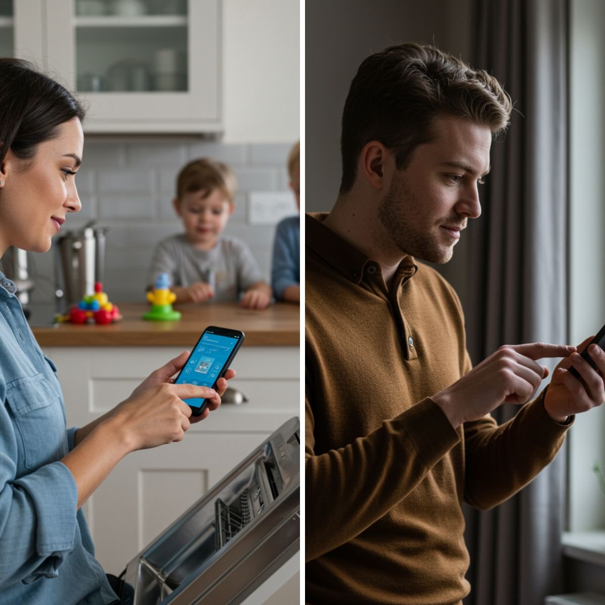 Left hand image has mother reviewing dishwasher maintenance advice on her smartphone and on the left hand side a young man is reporting a maintenance request on his smartphone