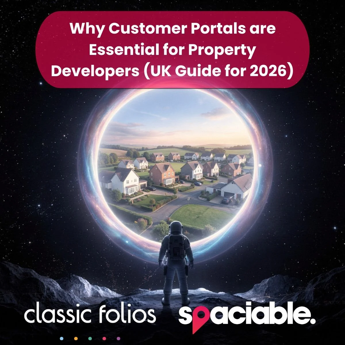 Customer portals essential for UK homebuilders shown through man in space looking through portal to a UK housing development.