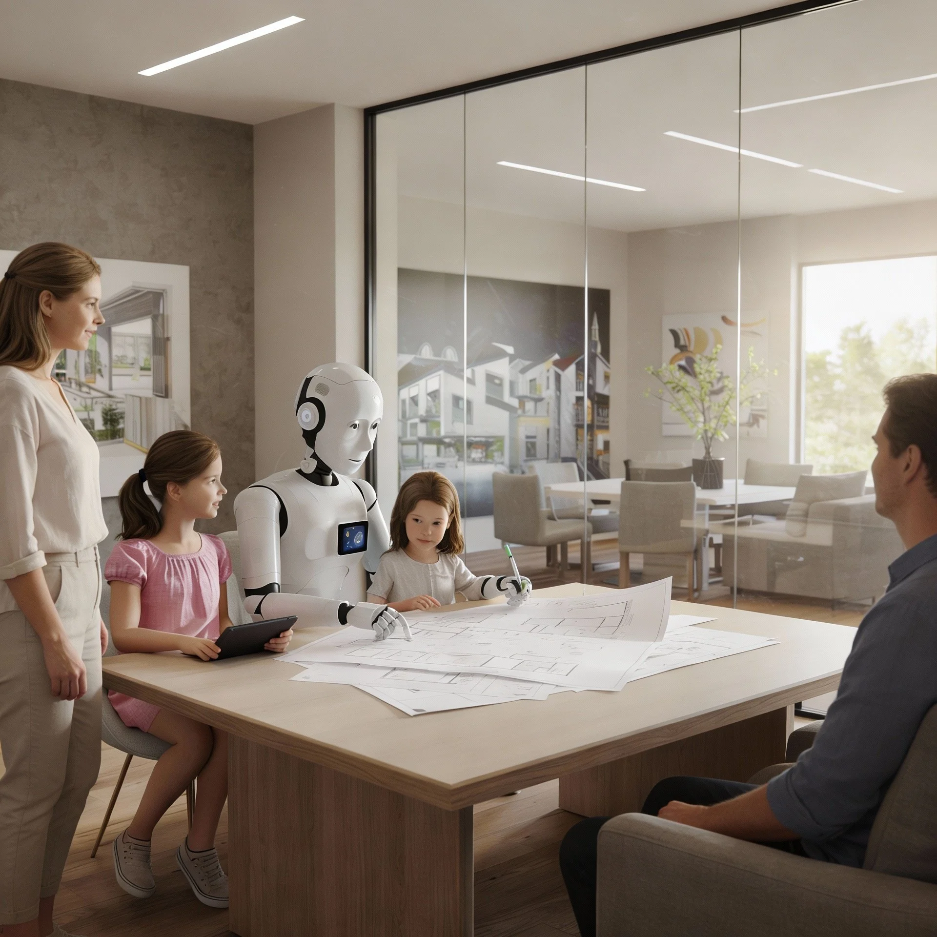 Humanoid robot reviewing floorplans with family, including mother, father, and two children.