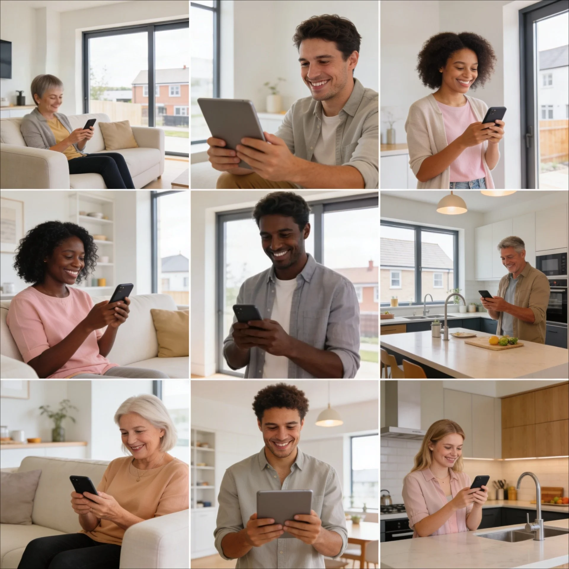 Multiple residents in their new build home happily using a customer portal to show how homebuyer expectations mean digital as standard with quick and easy access to information.
