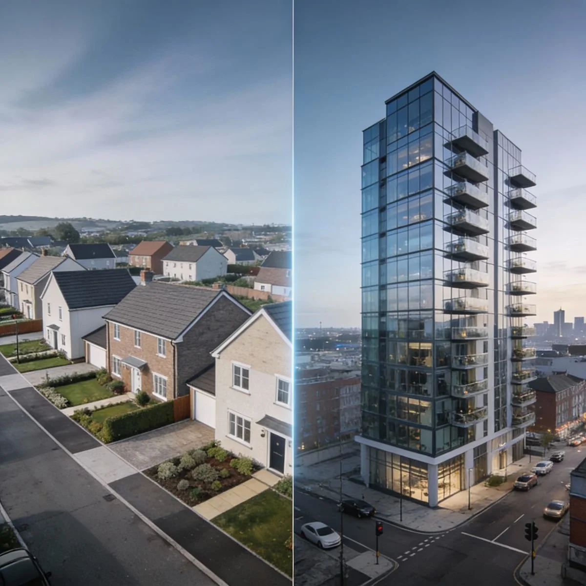 Left hand of image shows suburban housing development and right side shows glass high rise apartment building in city.