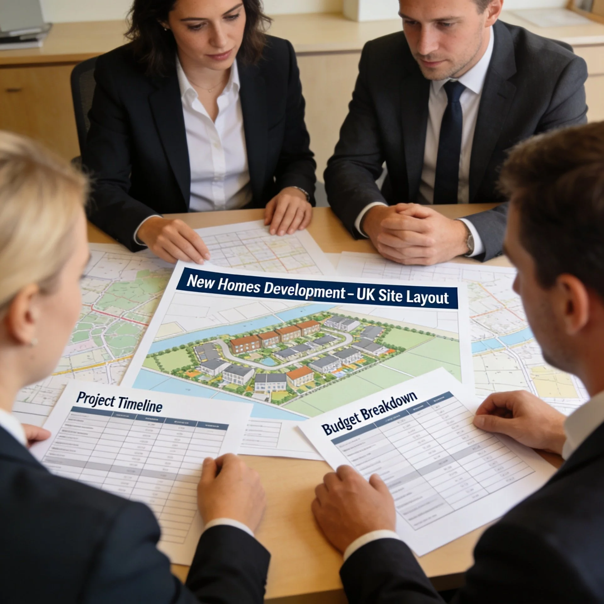 Planning meeting about a new homes project at a UK development company.
