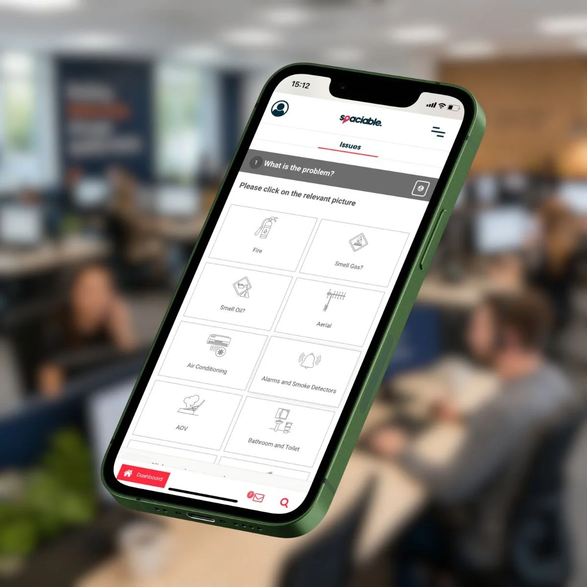 Image of Spaciable's Issue Reporting feature with blurred customer call centre in background.
