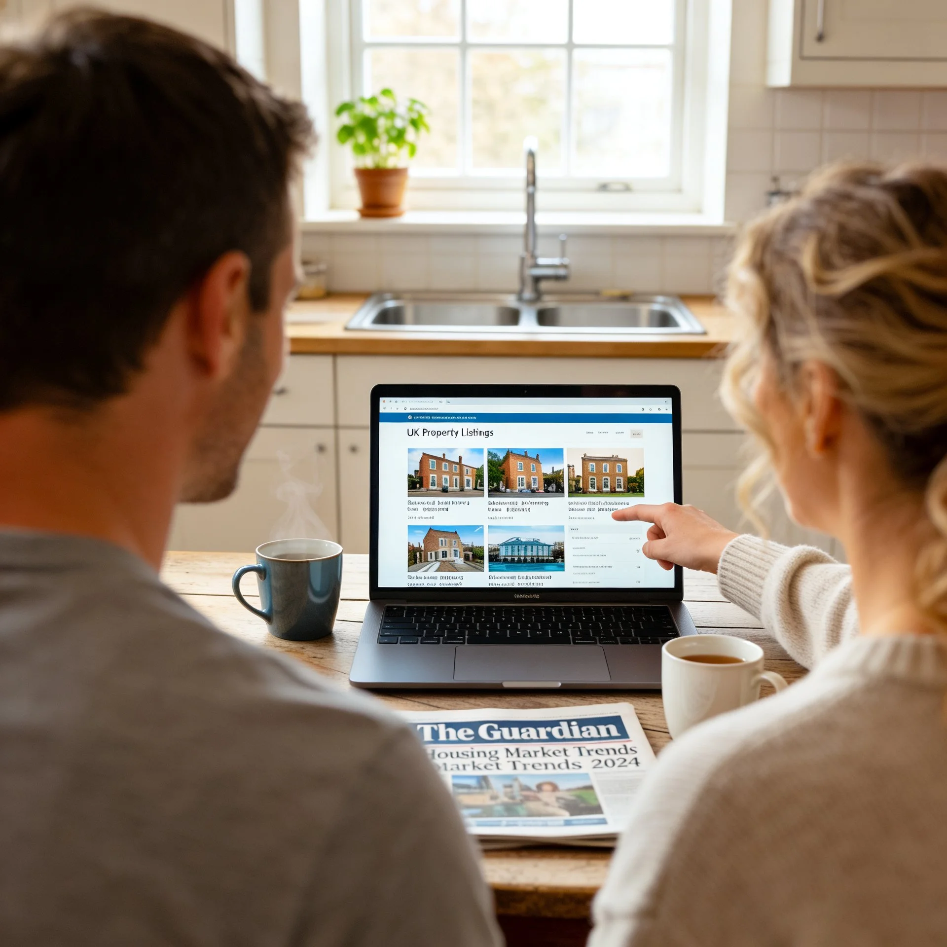 Man and woman searching for their new home online at home.