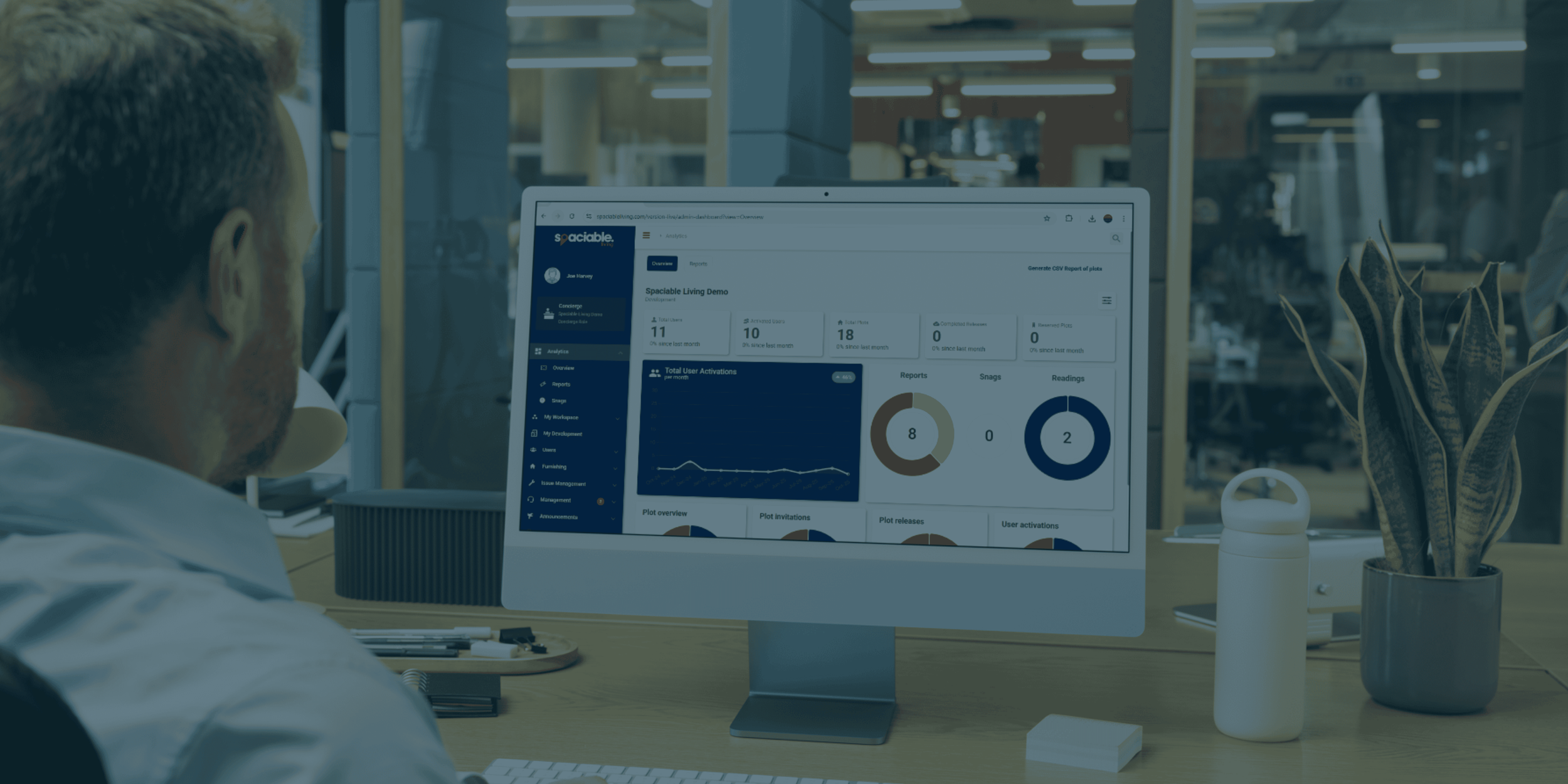 Customer Care Manager looking at charts on Spaciable Analytics on a desktop PC