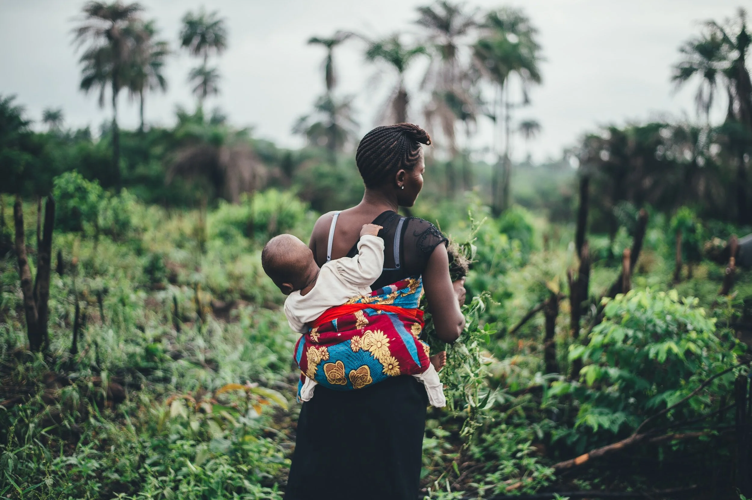 A woman carrying children through a cultivated green landscape