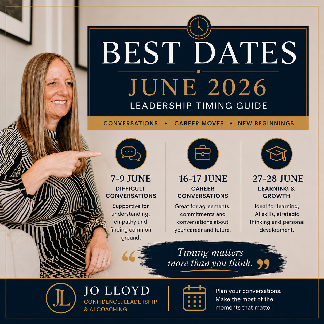 A picture of Johanna Lloyd pointing to the key dates for leadership for June 2026