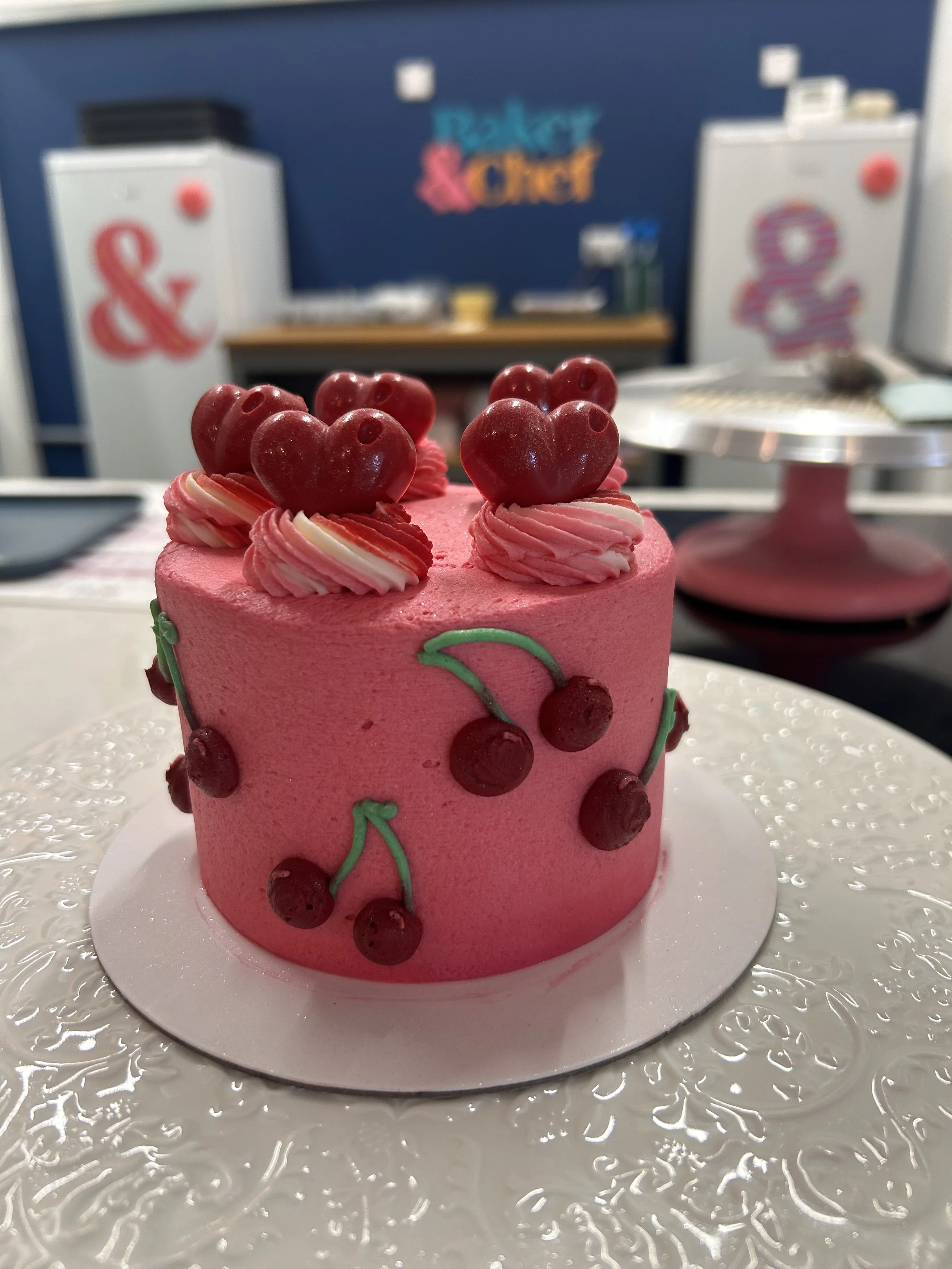 Girly Bento Bake with hearts and cherries from baking class