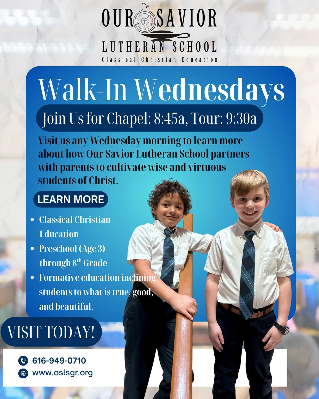 Join us tomorrow! 

🌟Your family&rsquo;s next chapter awaits at Our Savior Lutheran School. We can&rsquo;t wait to meet you! 🌟 

Each week we are opening our doors for Walk-in Wednesdays so you can experience the OSLS difference. 

Imagine your chi