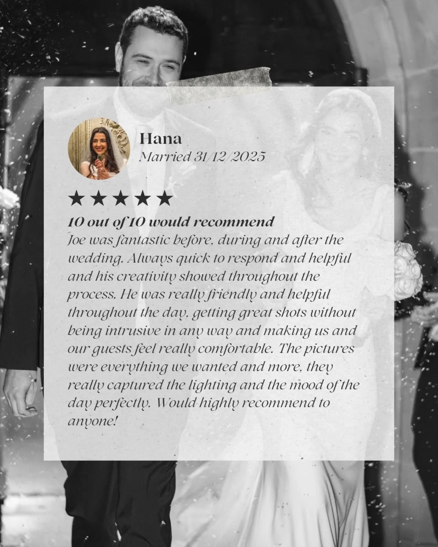 Reviews like this are exactly why I shoot the way I do. 📝✨
For me, the best wedding photography happens when everyone forgets the camera is even there. My main goal is always to get great shots without being intrusive, so hearing that Hana, Joe, and