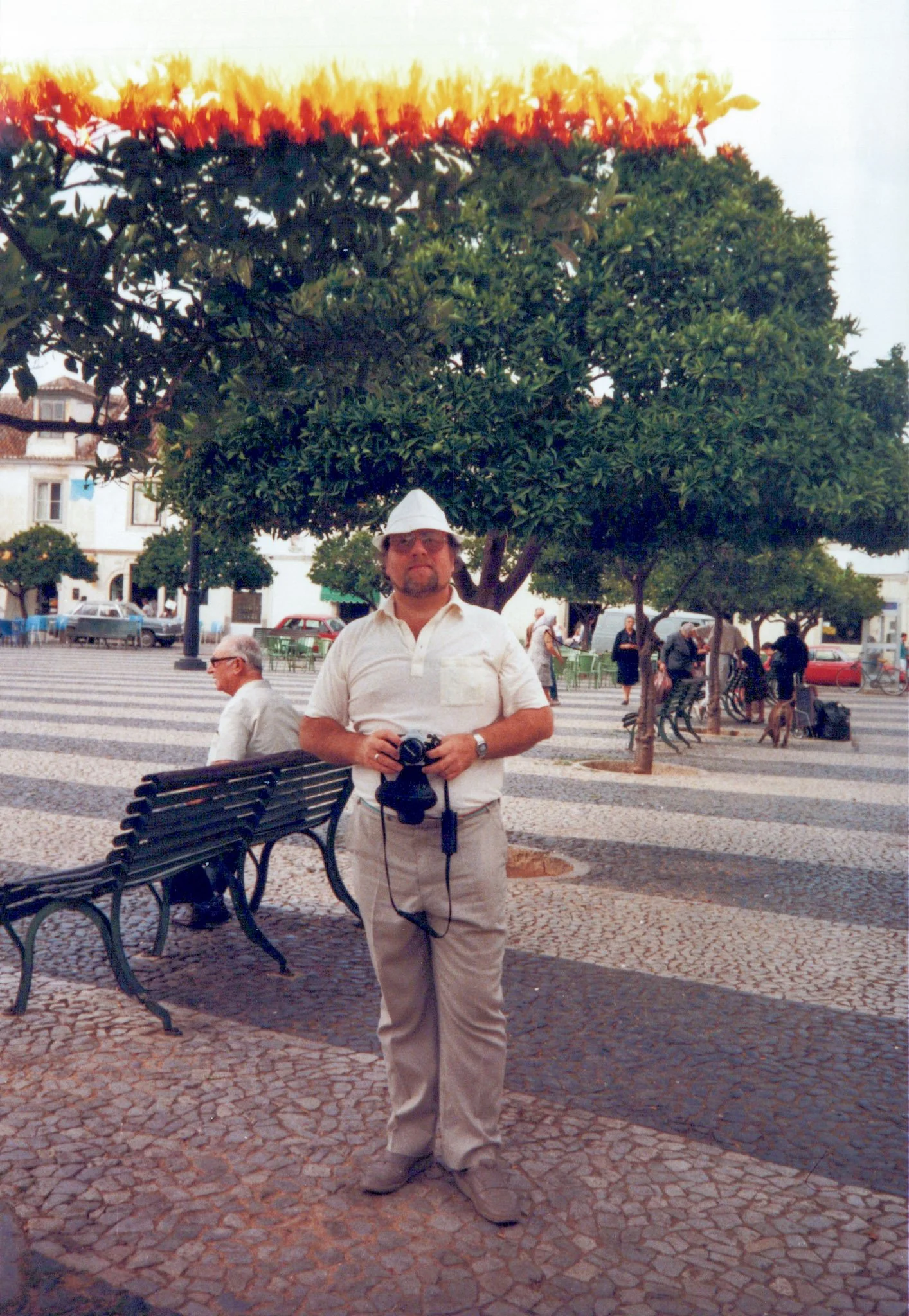 Man with a camera standing in a town square with a large tree and benches, people in the background, on a partly cloudy day.