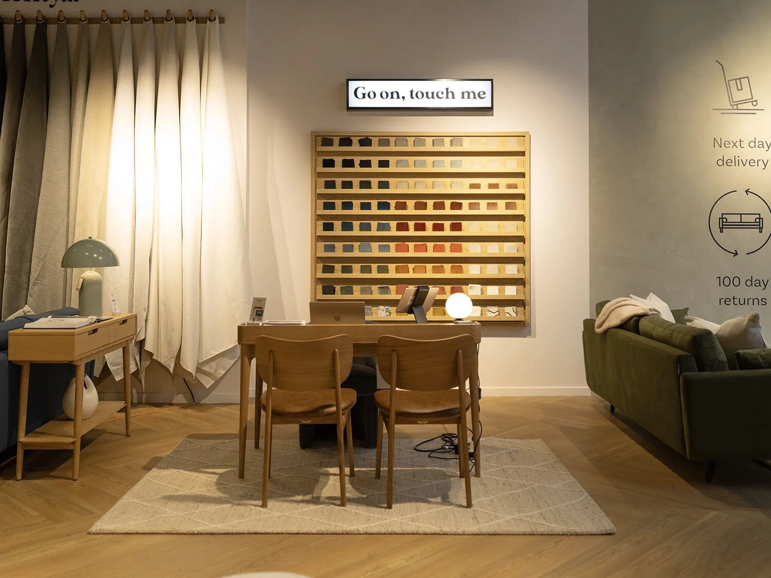 Swyft Stratford showroom interior with desk and materials board