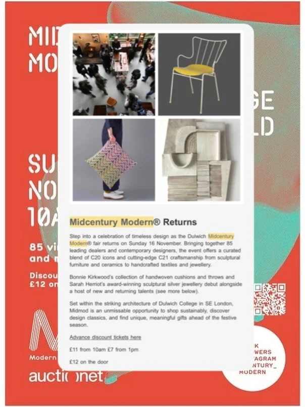 So excited to be featured in the @midcentury_modern newsletter with so many brilliant artists and designers, including those featured here @loupowerceramics @sarahherriot 
Can&rsquo;t wait for Sunday&rsquo;s show in Dulwich!

Advanced tickets here : 