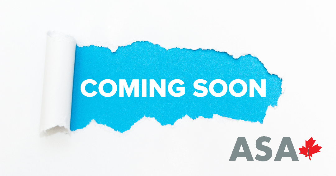 Blue paper with torn edges and the words "Coming Soon" in white, partially torn to reveal the white background, and the letters "ASA" with a red maple leaf next to it.
