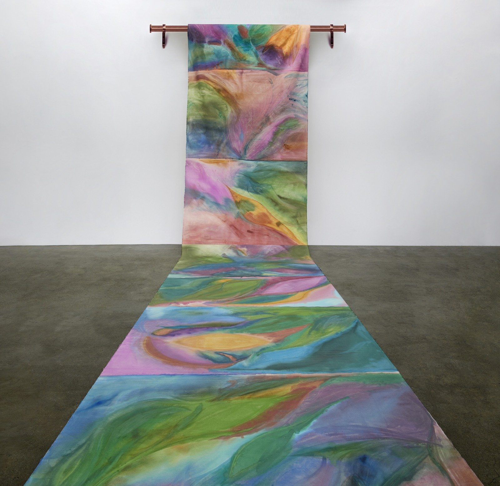 "My long ancestral body (p.3)" is a 183cm x 1000cm painting made with water-based paints, kumkum and inks on canvas. It considers the infinite length of human lineage, seeing life as a vast continuum of evolutionary, ecological, and cosmological ties