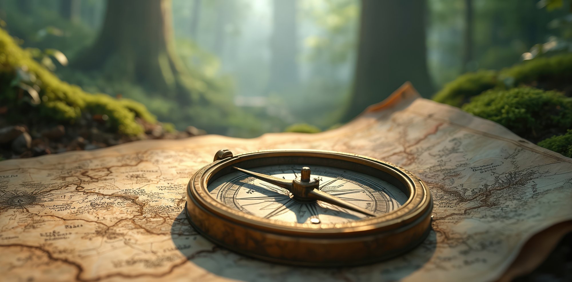 A compass on a map in the forest.