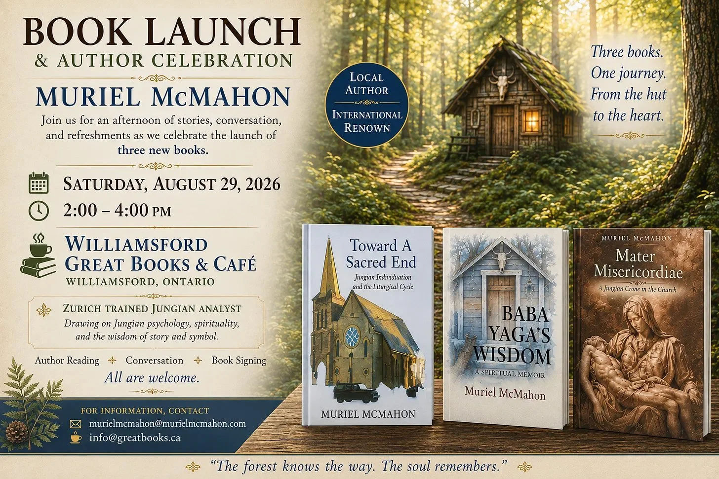 Ad for Murial McMahon's book launch that includes pictures of her three books and an illustration of "The Hut," located in the forest of Ontario.