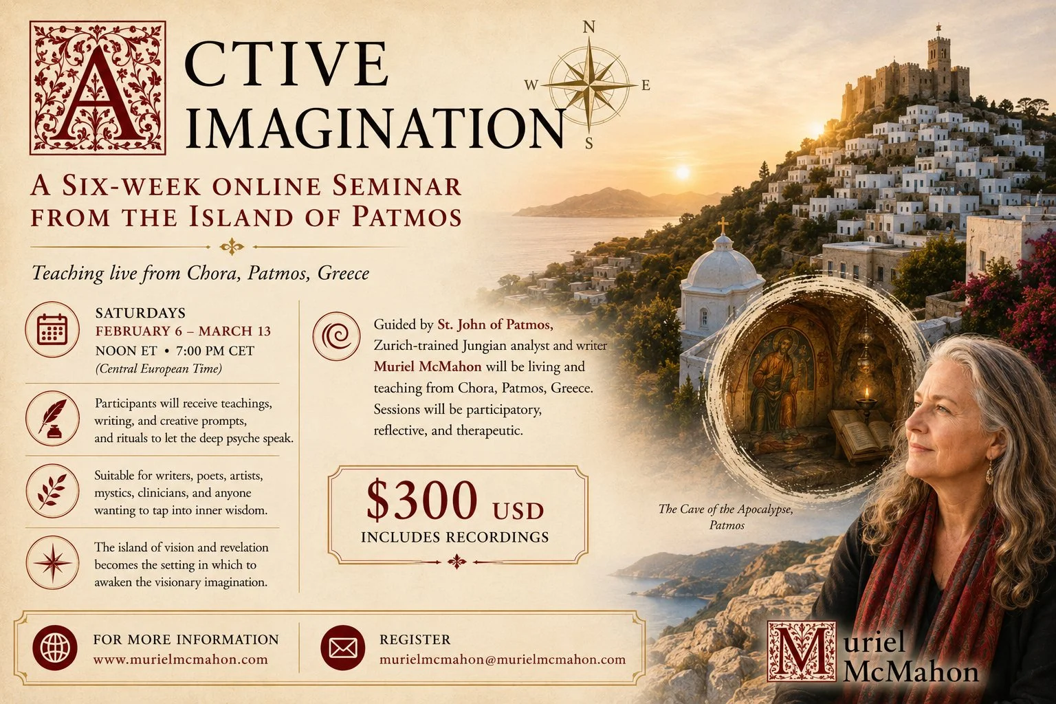 Promotional flyer for Active Imagination series with illustration of Muriel McMahon, The Cave of the Apocalypse in Patmos, and an arial view of the town of Chora, Patmos, Greece.