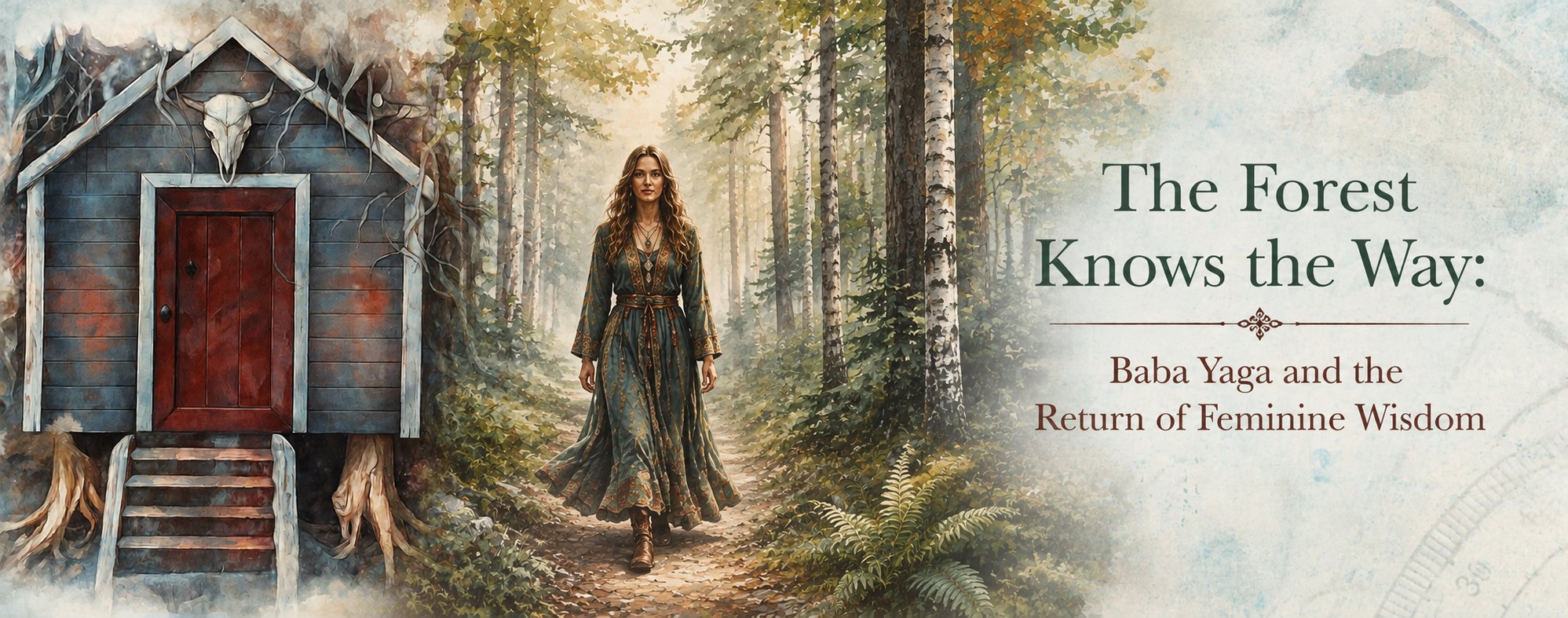 Illustrated banner showing Baba Yaga’s woodland hut beside a misty Canadian forest as a woman in a flowing dress walks along a forest path, symbolizing a journey into feminine wisdom.