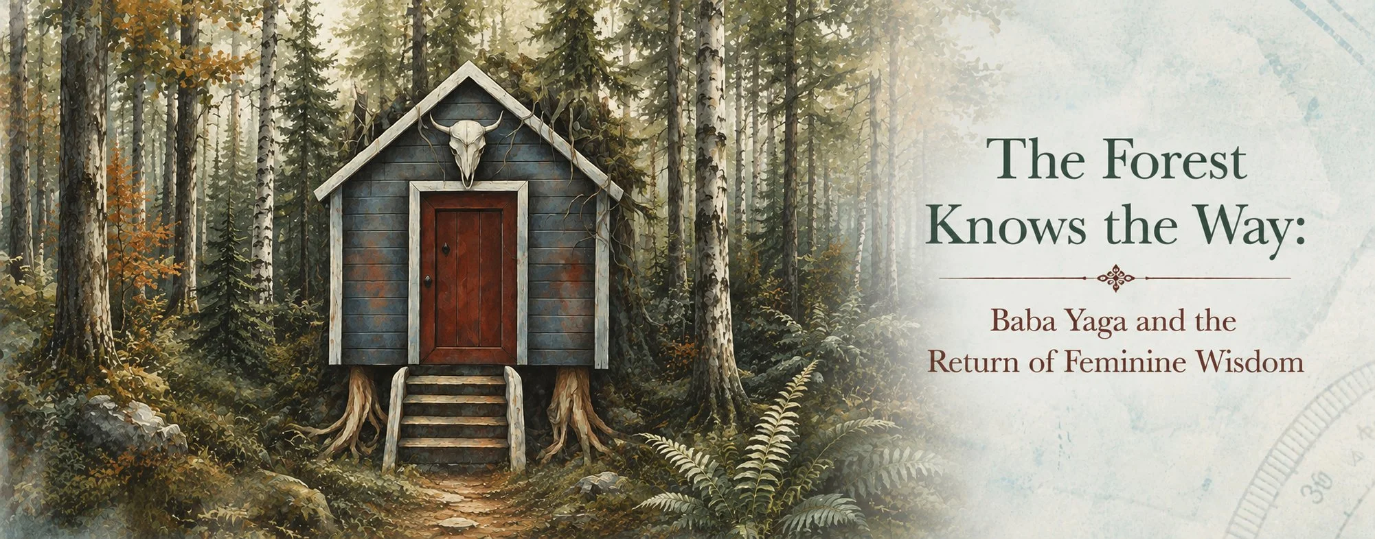 Watercolor illustration of a Baba Yaga-inspired hut surrounded by a misty forest of birch and evergreen trees, representing feminine wisdom, fairy tales, nature, and personal transformation.