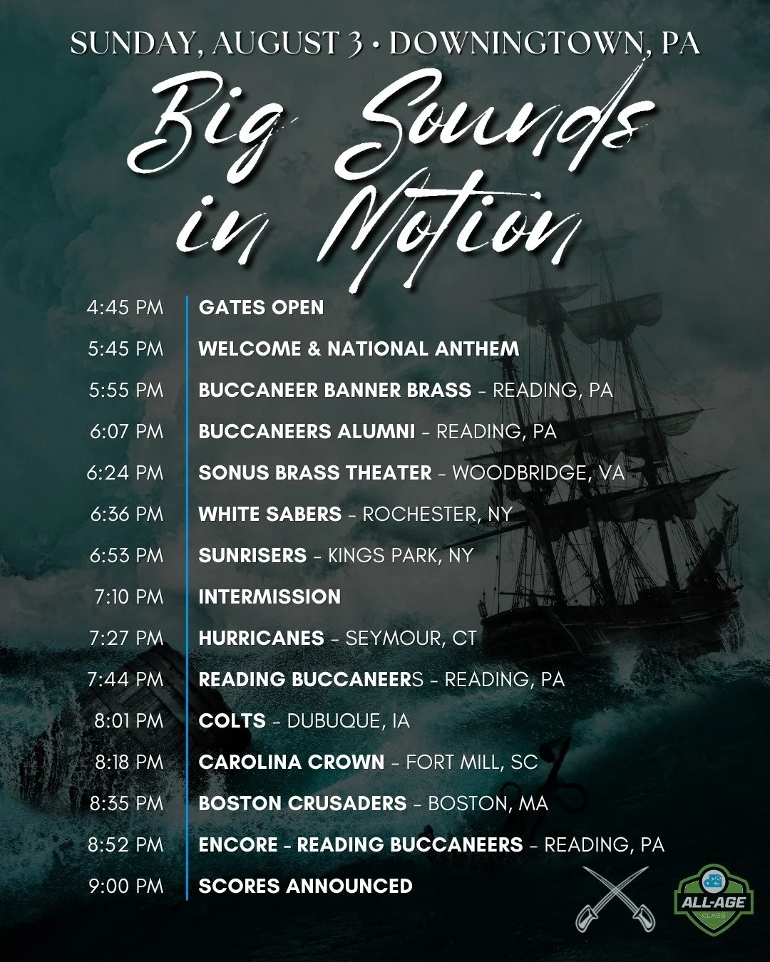 Sunday show! White Sabers walk the plank at 6:36pm.

4:45 PM	Gates Open
5:45 PM	Welcome &amp; National Anthem
5:55 PM	Buccaneer Banner Brass - Reading, PA
6:07 PM	Buccaneers Alumni - Reading, PA
6:24 PM	Sonus Brass Theater - Woodbridge, VA
6:36 PM	Wh