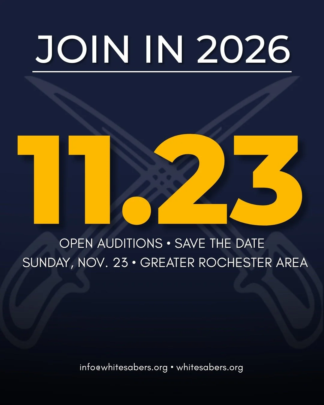 Save the date for our first Membership Day, Sunday, November 23rd, in the Greater Rochester Area!

All preseason rehearsals are open to all ages and skill levels.

Previous experience with music or colorguard is preferred, but not required. Although 