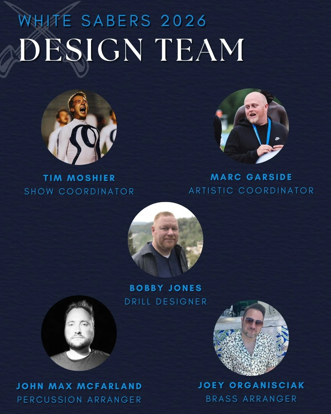 White Sabers is proud to welcome faces new and old to our 2026 Design Team!

Tim Moshier &bull; Show Coordinator
➡️ Tim has previously worked with White Sabers as brass/visual staff 2017, visual caption head 2021-23, and show coordinator for the prev
