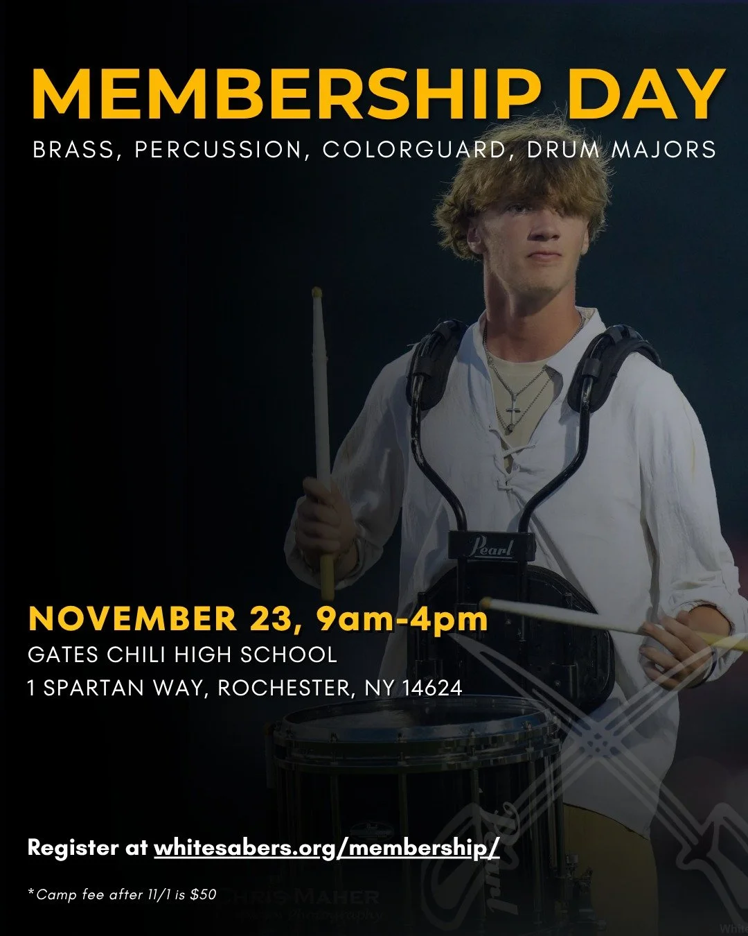 Registration Now Open! White Sabers Membership Day + November Auditions

📅 Date: November 23, 2025
📍 Location: Gates Chili High School, Rochester, NY

Auditions are open for all sections:
&bull; Brass
&bull; Battery Percussion
&bull; Front Ensemble