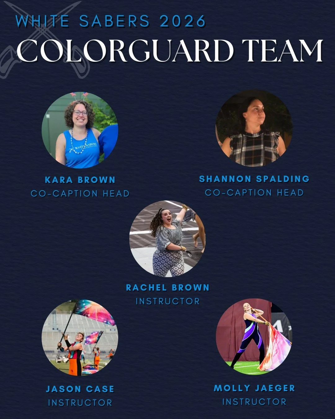 🎉STAFF ACCOUNCEMENT🎉

Joining Co-Caption Heads Kara Brown &amp; Shannon Spalding are Colorguard Technicians Rachel Brown, Jason Case, and Molly Jaeger.

With over 20 combined seasons with the Corps, we are proud to have their wealth of knowledge an