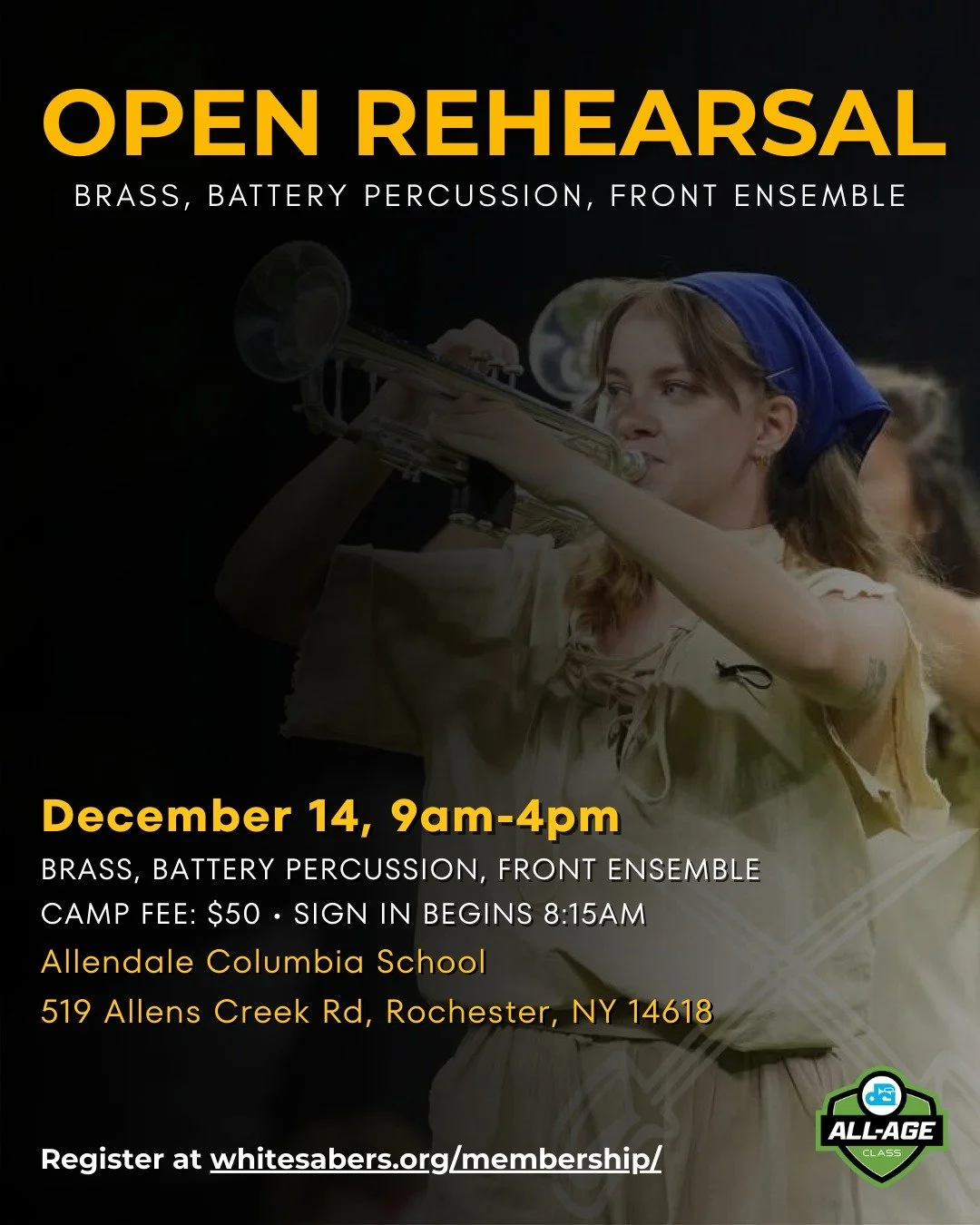 REGISTRATION OPEN! Calling all brass, battery percussion, and front ensemble prospective members for our next Open Rehearsal taking place Sunday, December 14th.

Missed us in November? Check us out before the New Year!

Register now:
🔗https://forms.