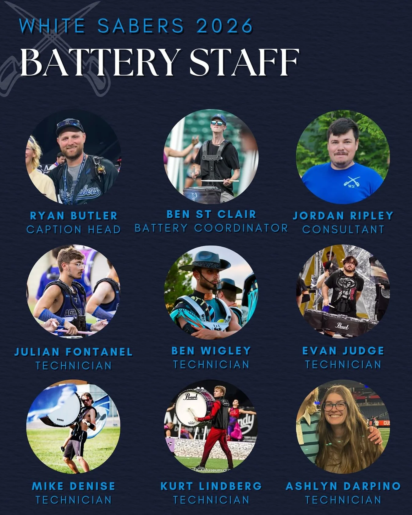 📣 STAFF ANNOUNCEMENT 📣 

White Sabers is excited to announce our 2026 Battery Staff!

Ryan Butler (WS '15, '25) enters his first season as Caption Head. 
Ben St Clair (WS '16, '18-'25) returns as Battery Coordinator.
Jordan Ripley (WS '05-'15, '22-