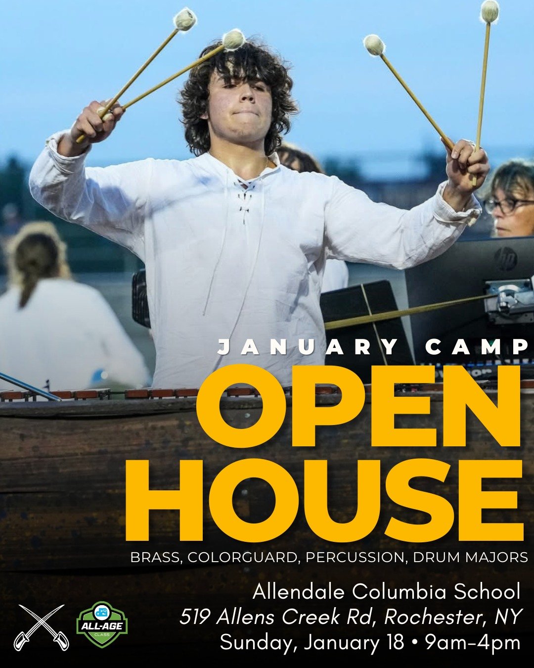 1 WEEK! Open House takes place this Sunday, 1/18 from 9am-4pm.

We have spots open in all sections. Join us to see what we're all about!

&rarr; Battery Percussion, Front Ensemble, and Brass Contracting begins
&rarr; Drum Major Auditions begin
&rarr;