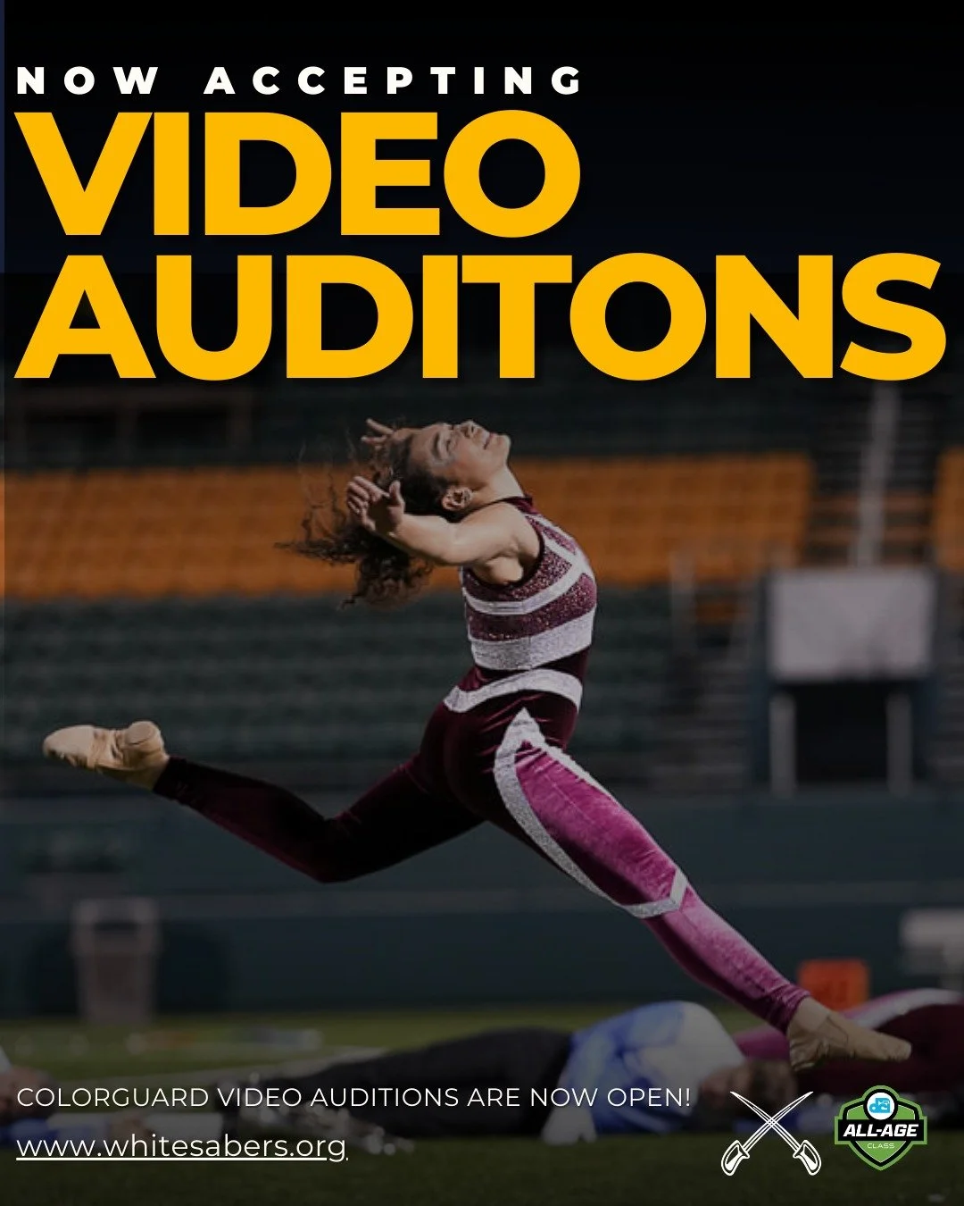 Colorguard Video Auditions are now open! Don't wait until April -- get contracted early. Criteria and submission information available on whitesabers.org (direct link in bio!)

#colorguard #drumcorps #dcicorps #dciallage